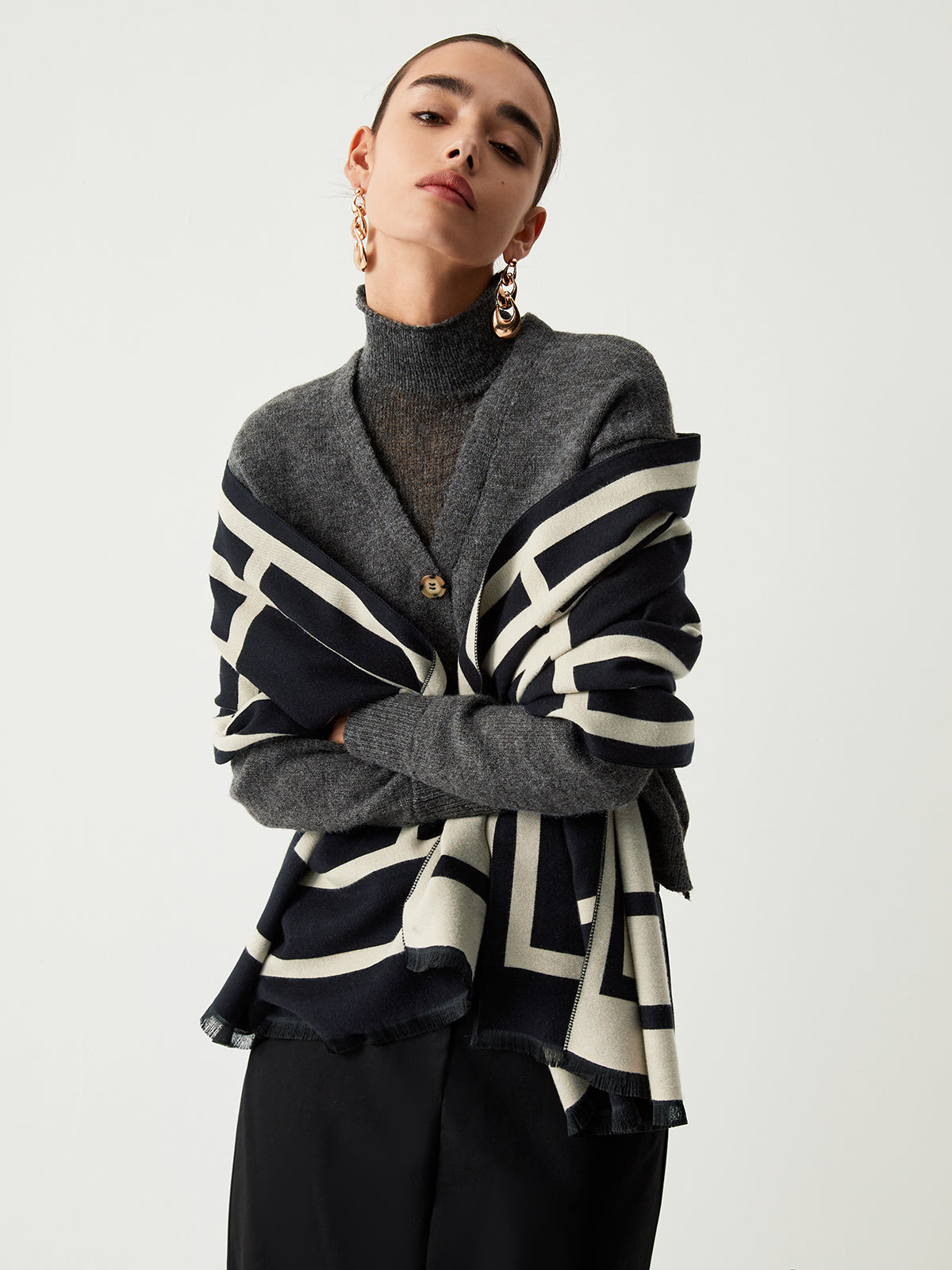 Wool Blend Graceful Geometric Pattern Scarf Beige / One Size Scarves