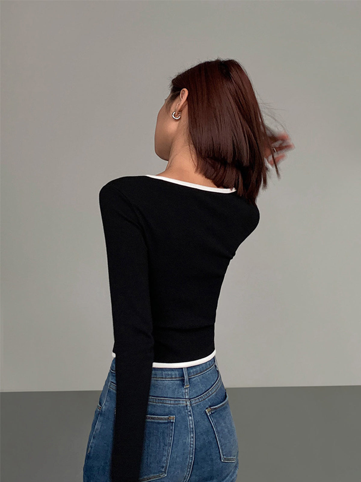 Square Neck Contrast Trim Modern Long Sleeve Knit Shirt