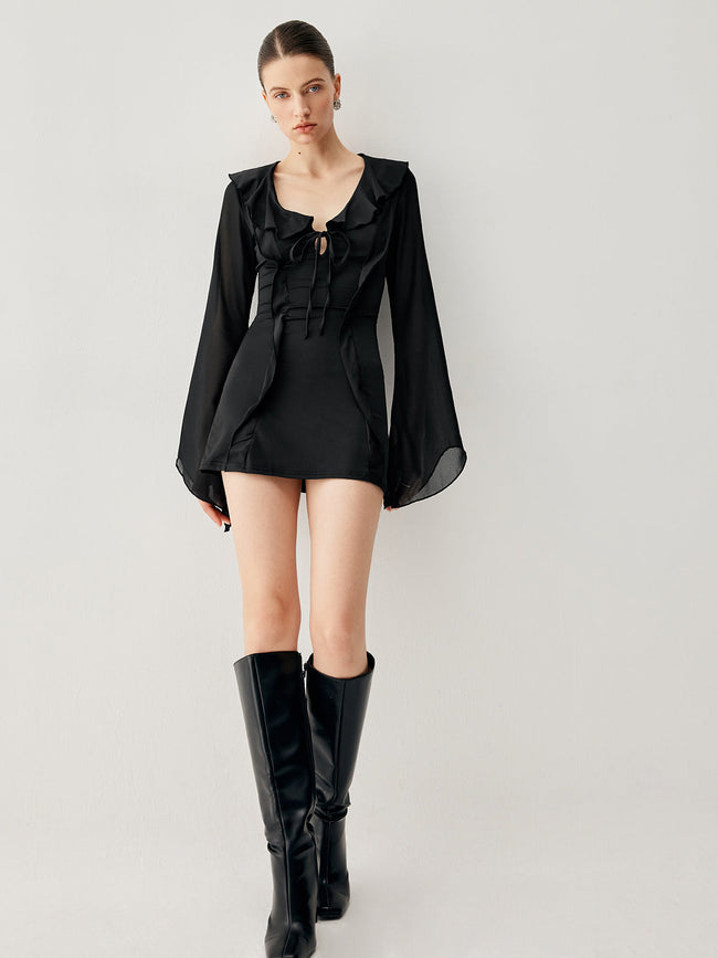 Ruffled Long Sleeve Trendy Tie Patchwork Short Dress Black / S Dresses Main image
