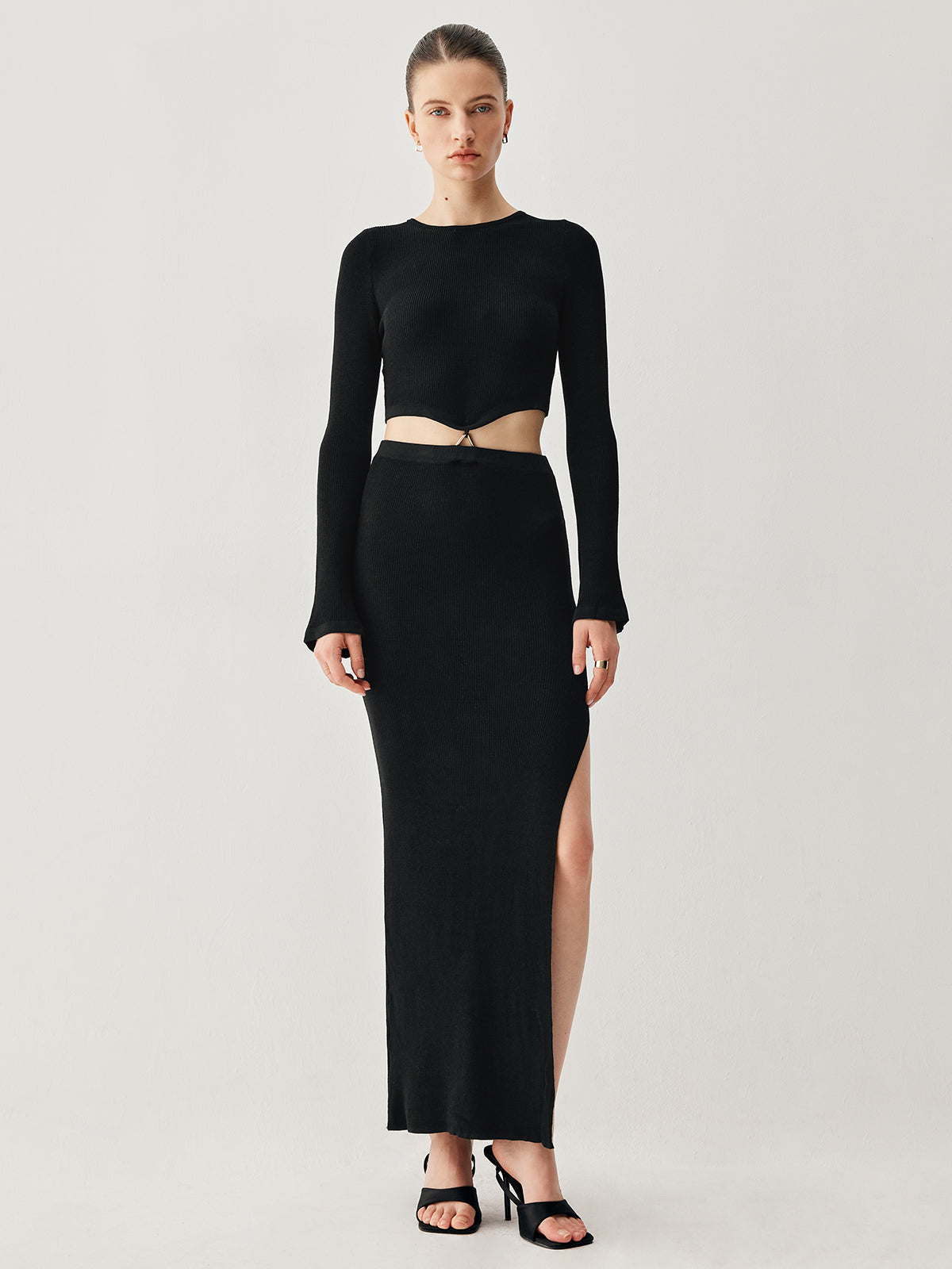 Slinky Long Sleeve Knit Modern Two Piece Slit Skirt Set Sweaters L