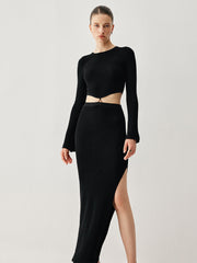 Slinky Long Sleeve Knit Modern Two Piece Slit Skirt Set Sweaters L