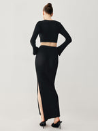 Slinky Long Sleeve Knit Modern Two Piece Slit Skirt Set Sweaters L