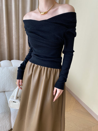 Off Shoulder Wrap Trendy Long Sleeve Knit Top