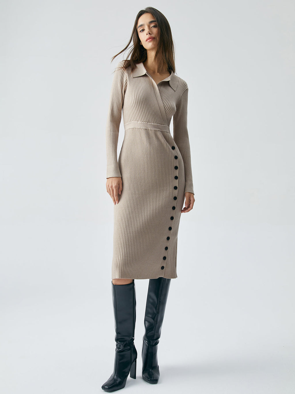 Ribbed Knit Contrast Trim Modern Collared Sweater Midi Dress Sweaters L