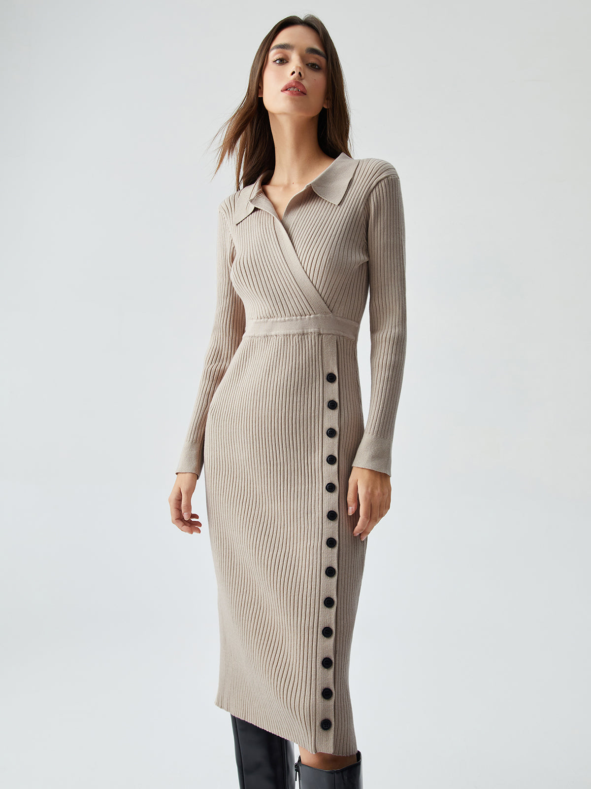 Ribbed Knit Contrast Trim Modern Collared Sweater Midi Dress Camel / S Sweaters L Main image