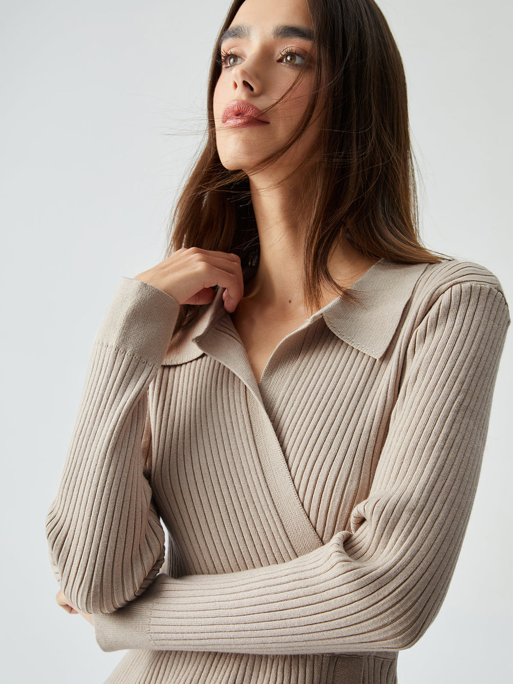 Ribbed Knit Contrast Trim Modern Collared Sweater Midi Dress Sweaters L
