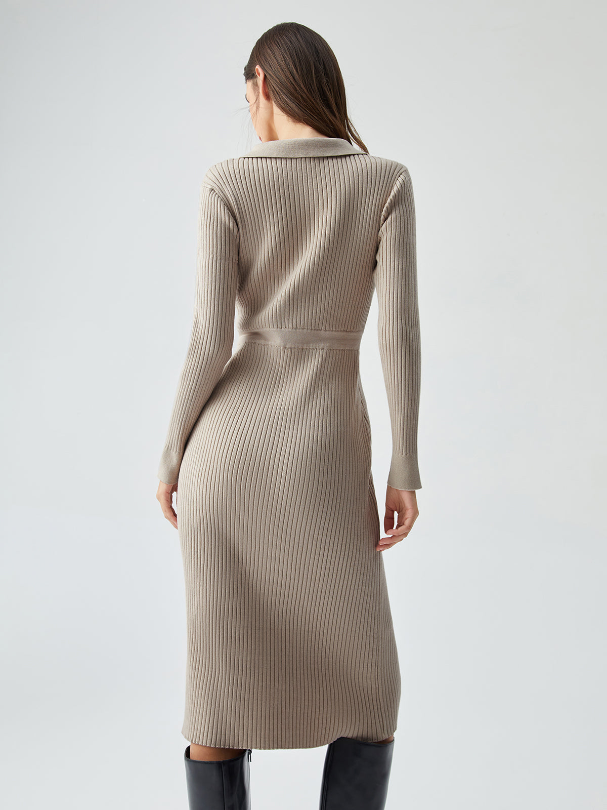 Ribbed Knit Contrast Trim Modern Collared Sweater Midi Dress Sweaters L