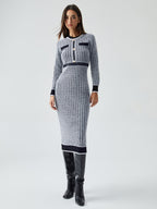 Contrast Trim Herringbone Trendy Bodycon Sweater Midi Dress Sweaters L