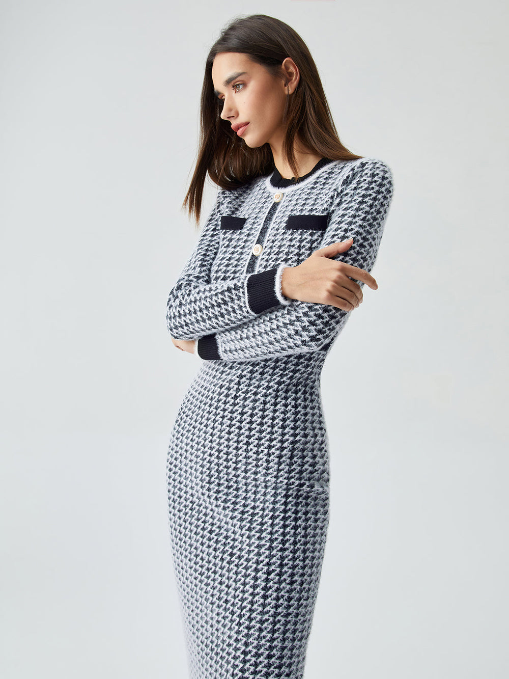 Contrast Trim Herringbone Trendy Bodycon Sweater Midi Dress Sweaters L