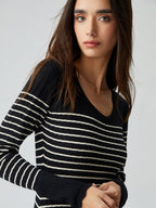 Contrast Trim Striped Crew Modern Neck Knit Sweater Dress Sweaters L