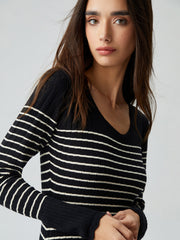 Contrast Trim Striped Crew Modern Neck Knit Sweater Dress Sweaters L