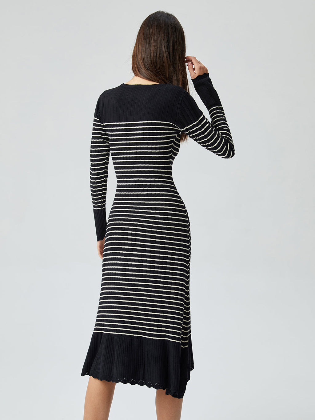 Contrast Trim Striped Crew Modern Neck Knit Sweater Dress Sweaters L