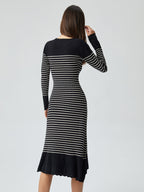 Contrast Trim Striped Crew Modern Neck Knit Sweater Dress Sweaters L