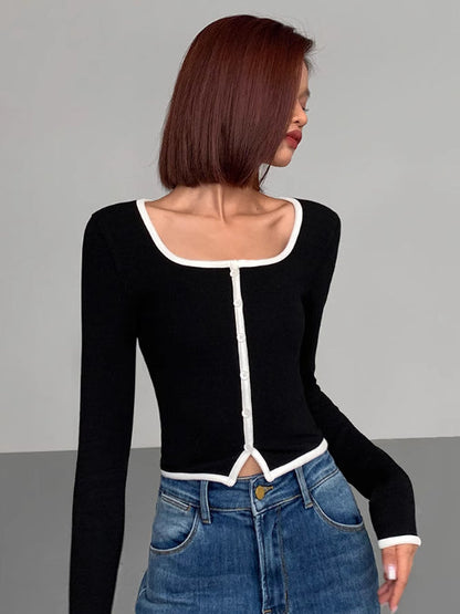 Square Neck Contrast Trim Modern Long Sleeve Knit Shirt