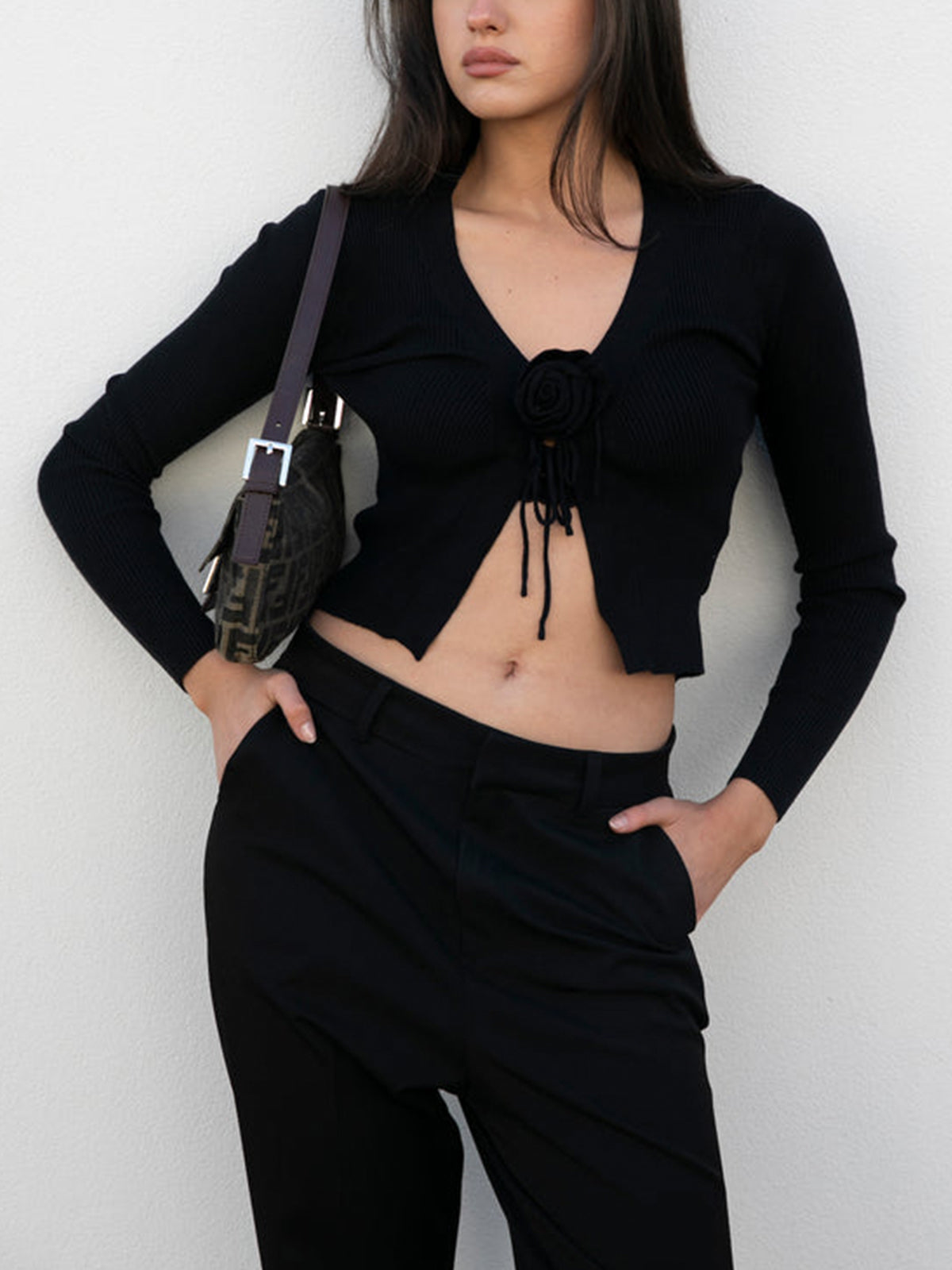 Ribbed V neck Long Sleeve Modern Slit Knit Crop Top Black / S Sweaters L Main image