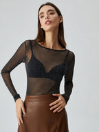 Crew Neck Sequined Trendy Long Sleeve Mesh Shirt T Shirts
