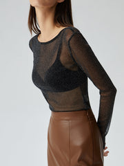 Crew Neck Sequined Trendy Long Sleeve Mesh Shirt Black / XS T Shirts