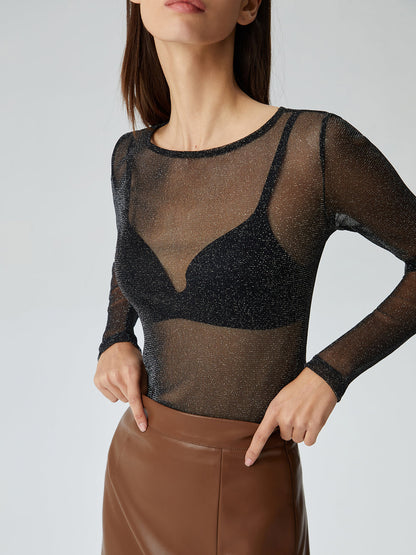 Crew Neck Sequined Trendy Long Sleeve Mesh Shirt