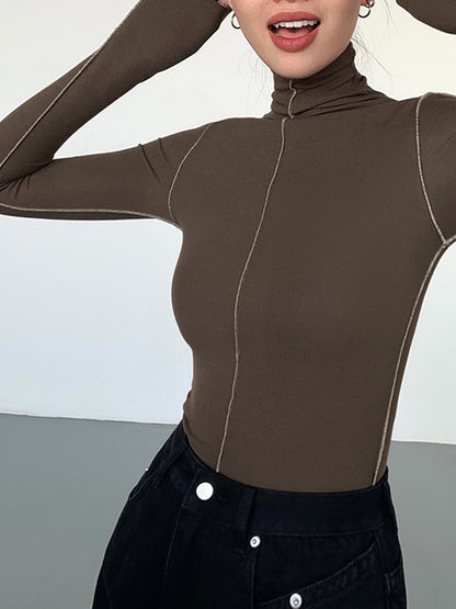 Slinky Turtleneck Contrast Trendy Trim Ribbed Knit Shirt