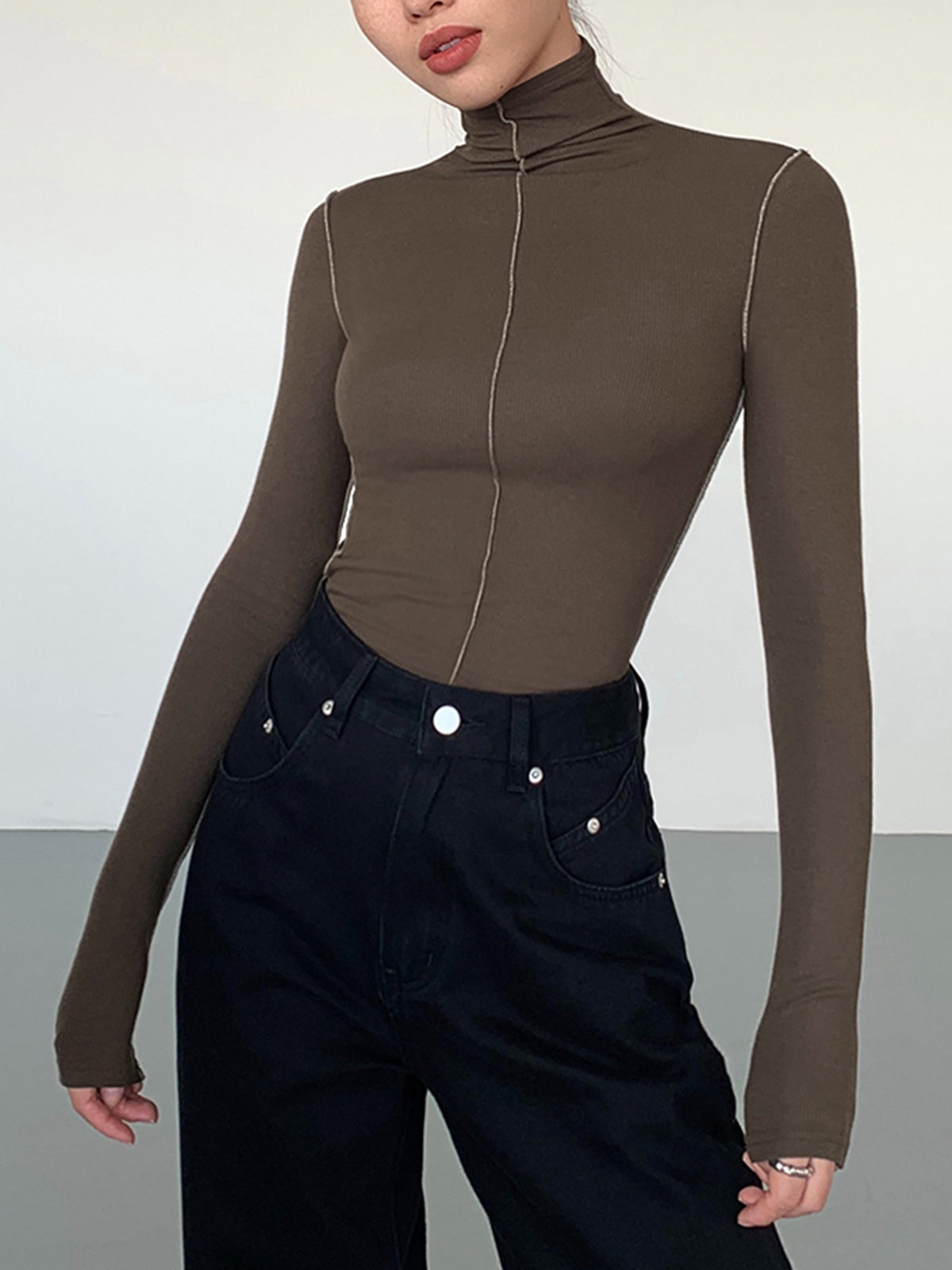 Slinky Turtleneck Contrast Trendy Trim Ribbed Knit Shirt