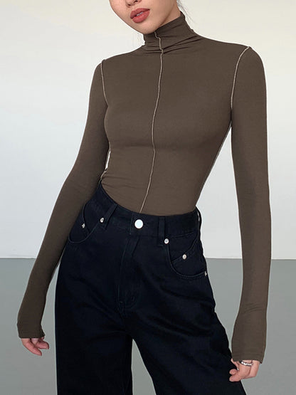 Slinky Turtleneck Contrast Trendy Trim Ribbed Knit Shirt