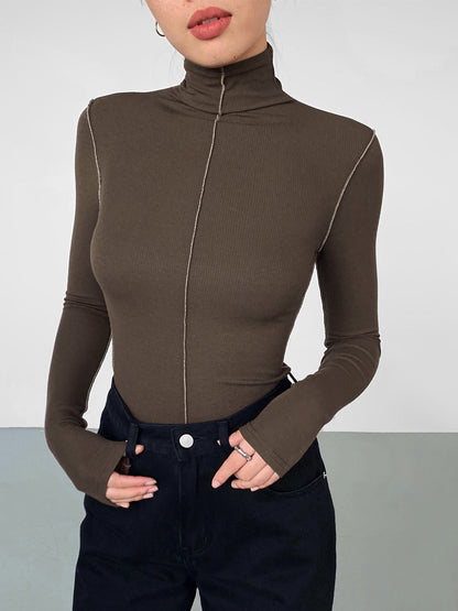 Slinky Turtleneck Contrast Trendy Trim Ribbed Knit Shirt