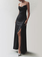 Cowl Neck Satin Trendy Slit Long Dress Black / XS Dresses