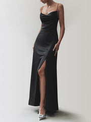 Cowl Neck Satin Trendy Slit Long Dress Black / XS Dresses