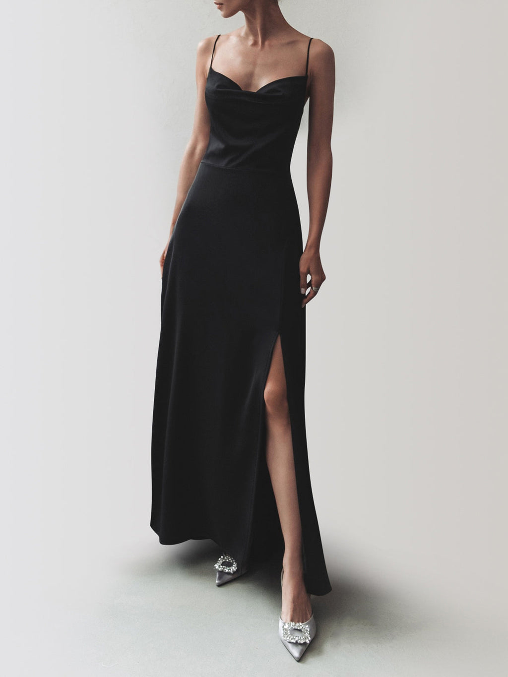 Cowl Neck Satin Trendy Slit Long Dress Dresses
