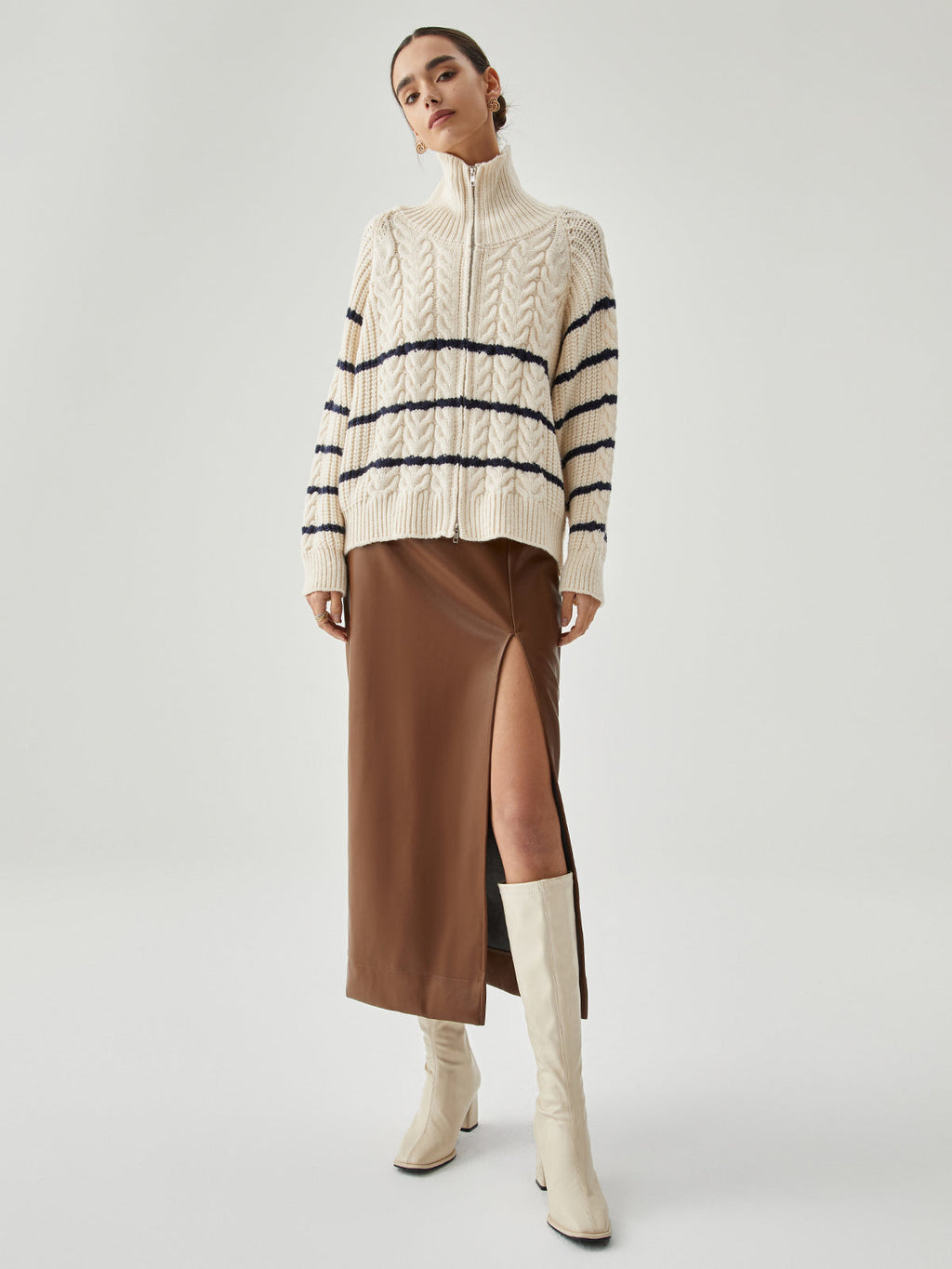 Stand Collar Cable Trendy Knit Stripe Cardigan Sweaters L