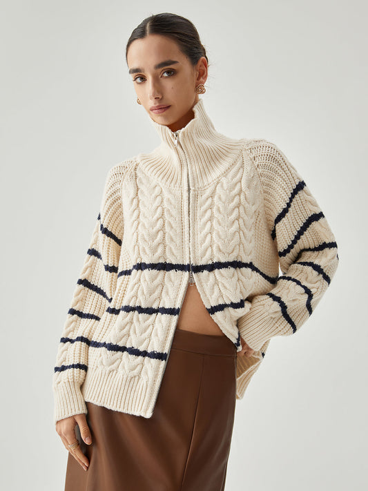 Stand Collar Cable Trendy Knit Stripe Cardigan