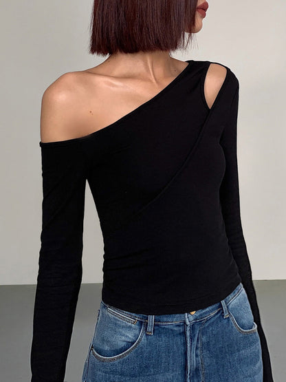 Cut Out Asymmetric Off Modern Shoulder Slinky Long Sleeve Shirt