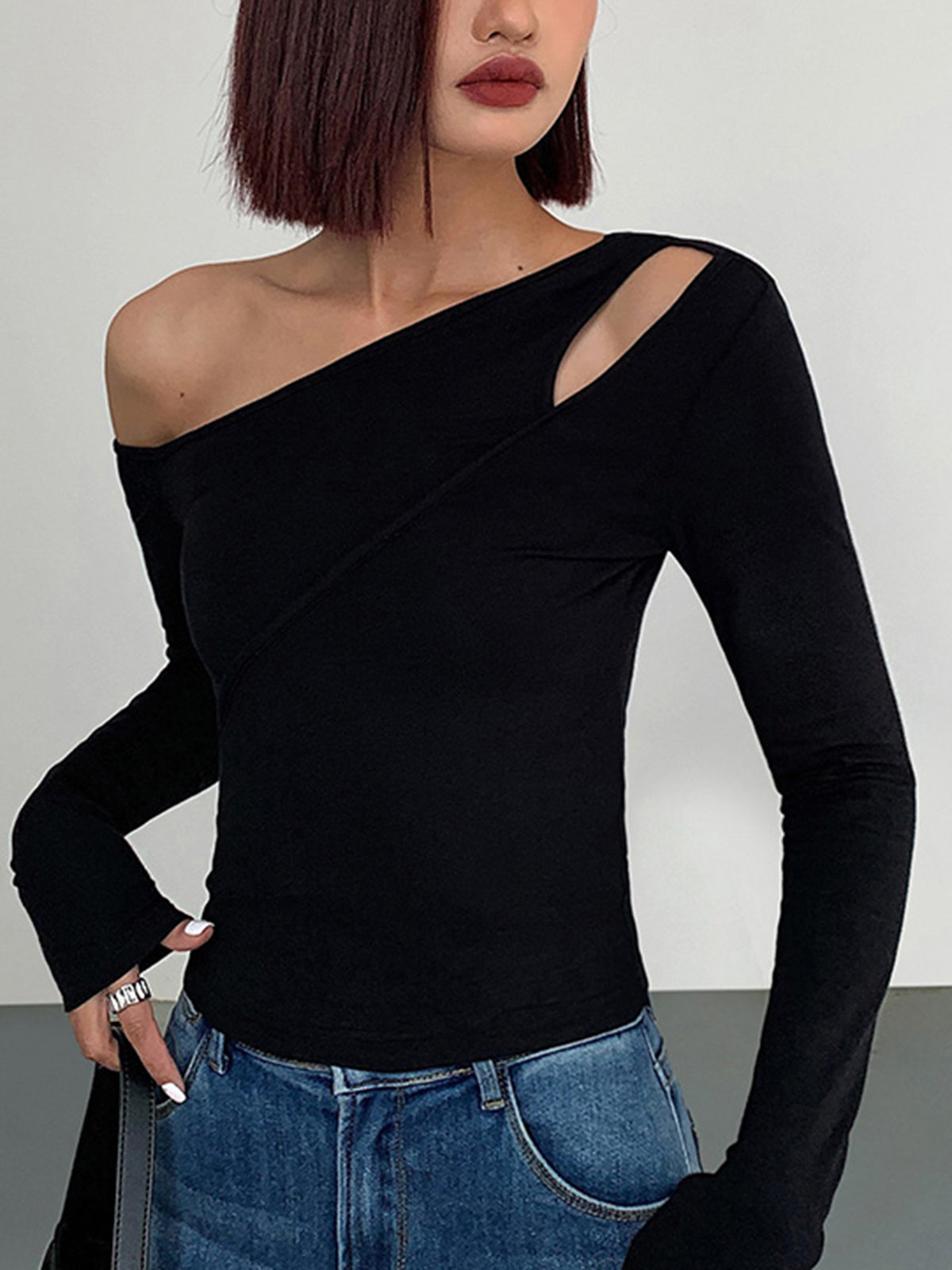 Cut Out Asymmetric Off Modern Shoulder Slinky Long Sleeve Shirt