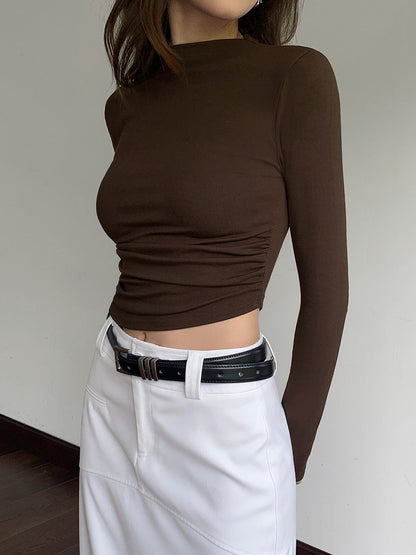 Mock Neck Slinky Long Modern Sleeve Ribbed Knit Crop Shirt