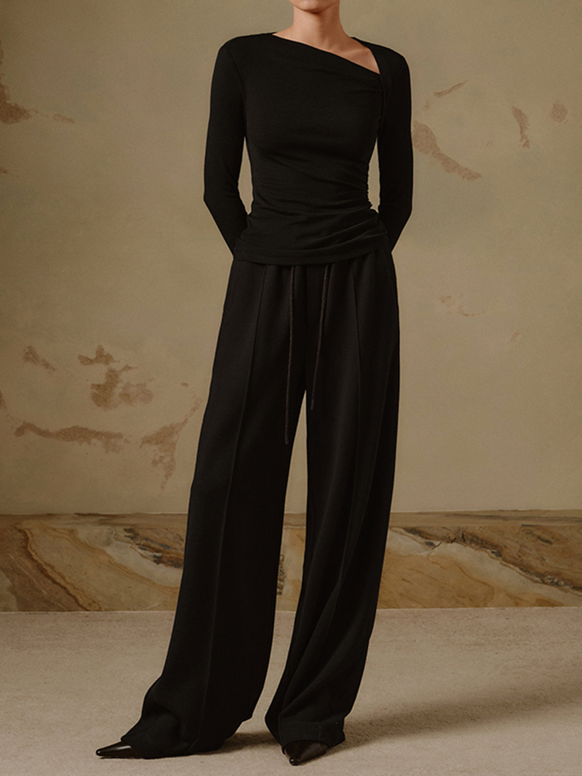 Ribbed Knit Long Trendy Sleeve Asymmetric Shirt T Shirts