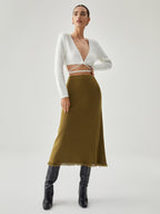 Raw Hem High Trendy Waist Midi Knit Skirt Sweaters L