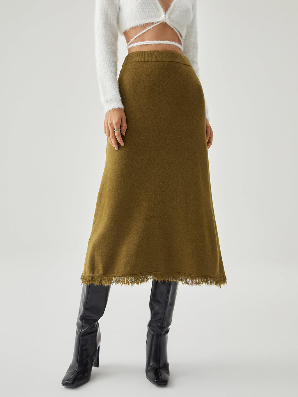 Raw Hem High Trendy Waist Midi Knit Skirt Sweaters L