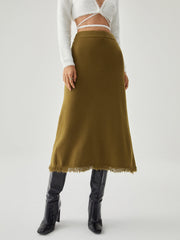 Raw Hem High Trendy Waist Midi Knit Skirt Sweaters L