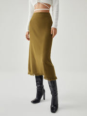 Raw Hem High Trendy Waist Midi Knit Skirt Green / S Sweaters L