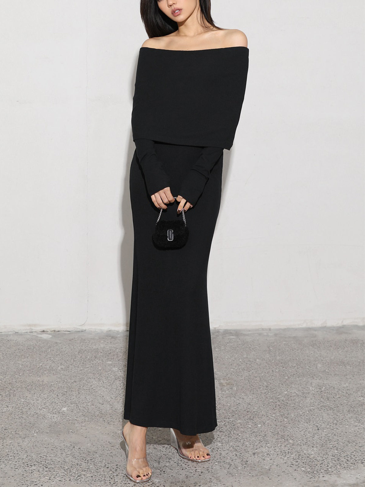 Charcoal Off Shoulder Overfold Modern Long Sleeve Long Dress Knit Dresses
