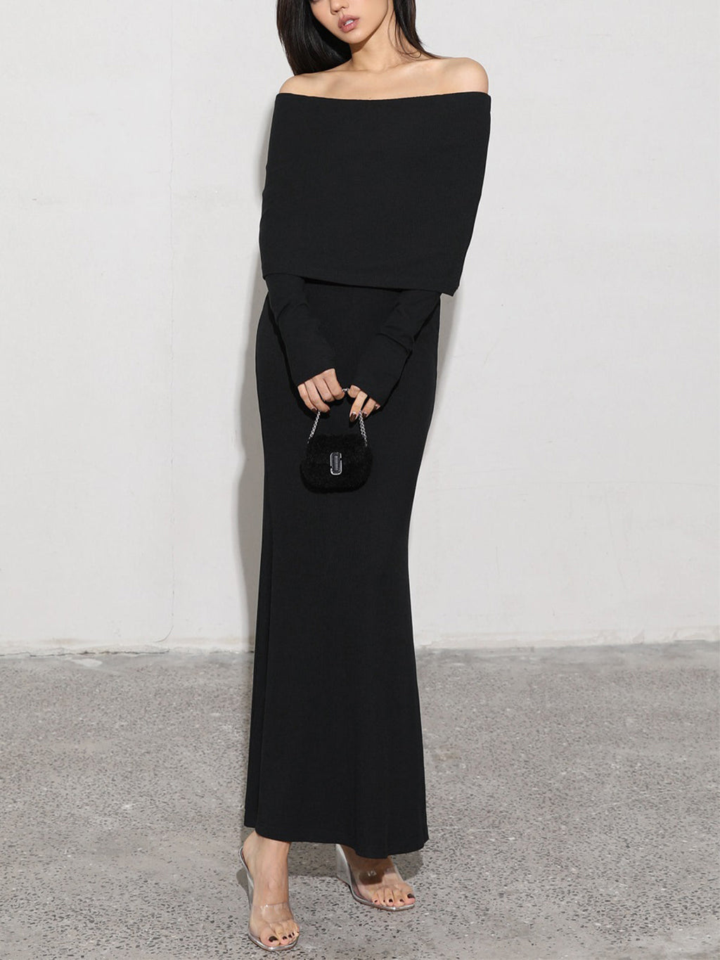 Charcoal Off Shoulder Overfold Modern Long Sleeve Long Dress Knit Dresses