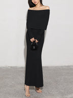 Charcoal Off Shoulder Overfold Modern Long Sleeve Long Dress Knit Dresses