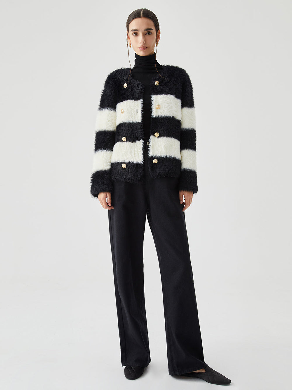 Colorblock Striped Graceful Fuzzy Button Cardigan Sweaters L