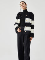 Colorblock Striped Graceful Fuzzy Button Cardigan Sweaters L