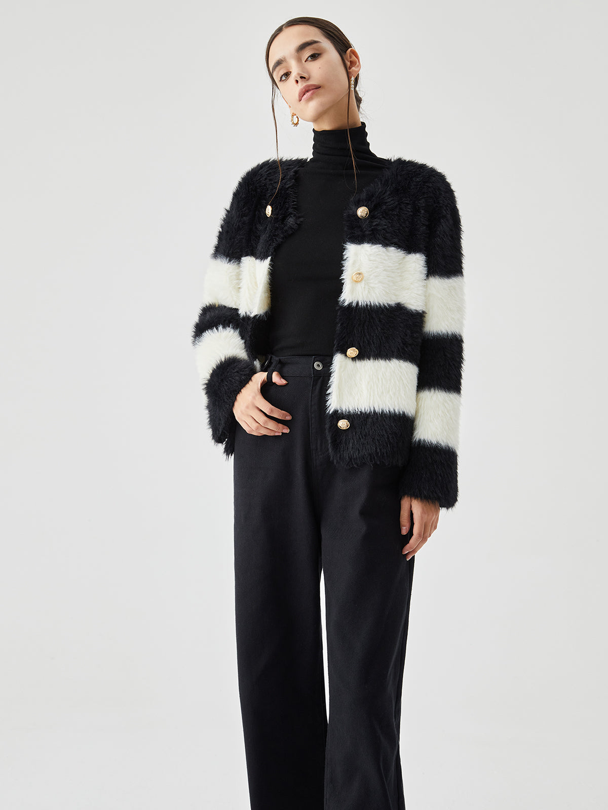 Colorblock Striped Graceful Fuzzy Button Cardigan Sweaters L