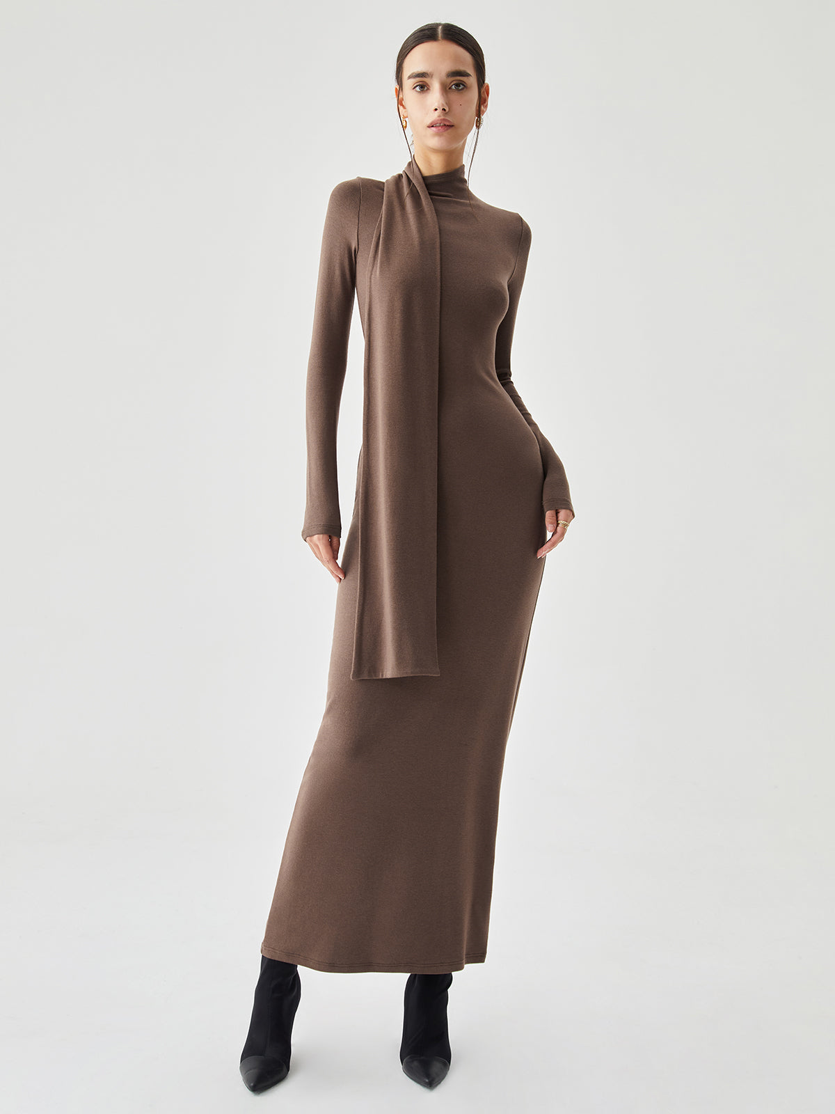 Bodycon High Neck Ribbed Knit Classic Long Dress with Matching Scarf Secondary image