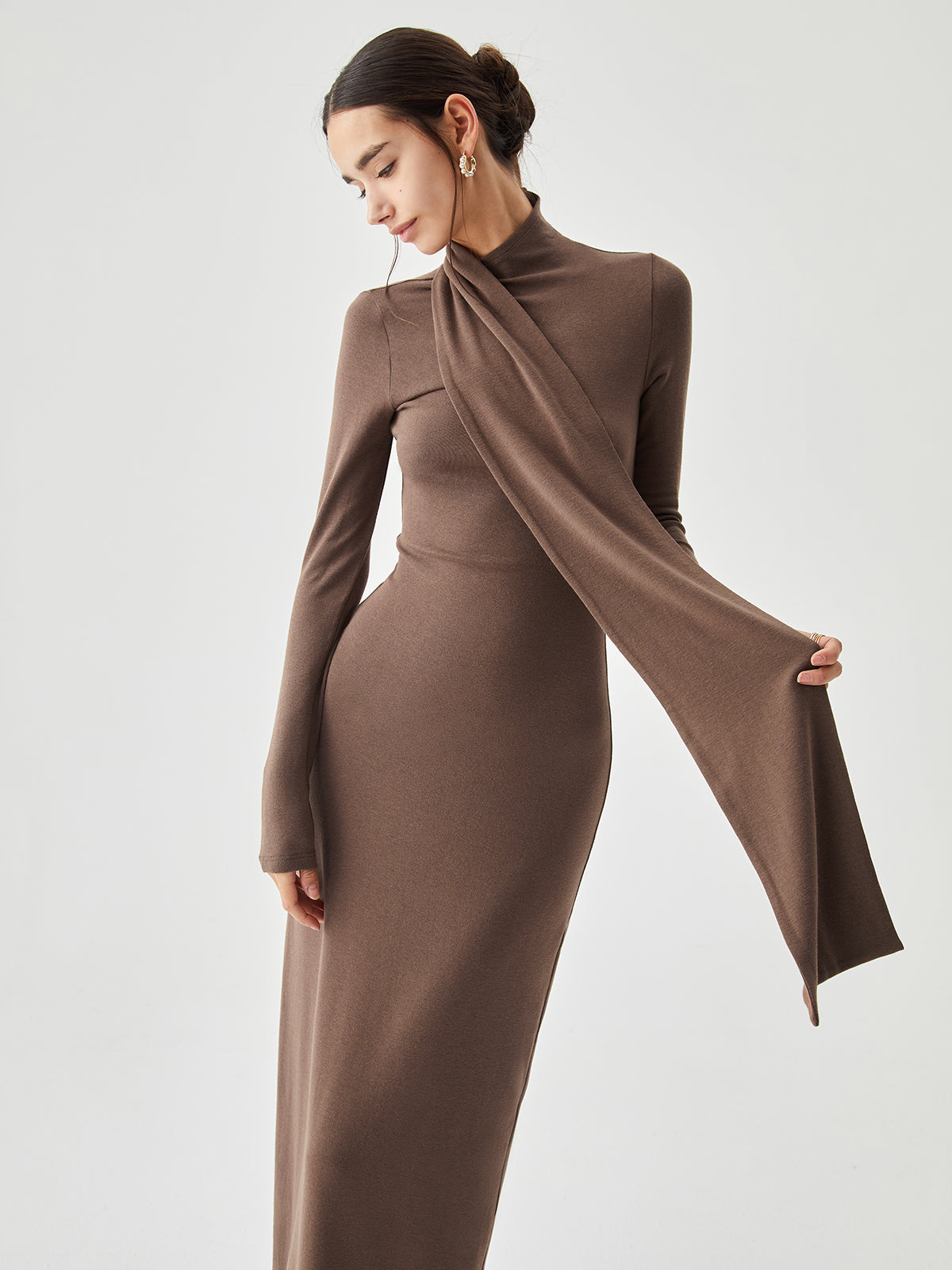 Bodycon High Neck Ribbed Knit Classic Long Dress with Matching Scarf Light Brown / XS Knit Dresses Main image