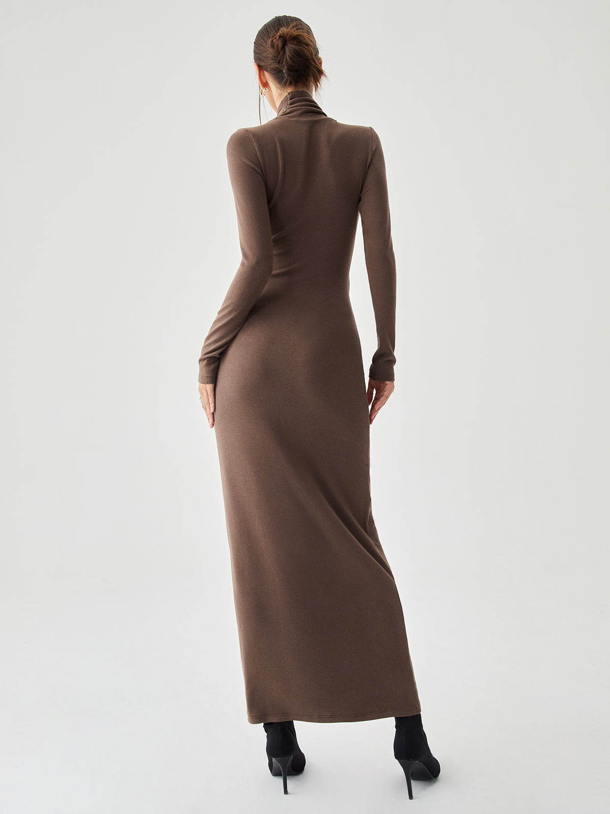 Bodycon High Neck Ribbed Knit Classic Long Dress with Matching Scarf Knit Dresses