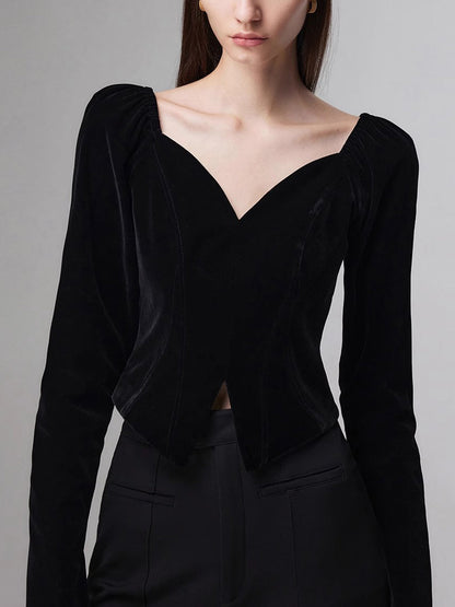 Sweetheart Velvet Long Trendy Sleeve Slit Blouse