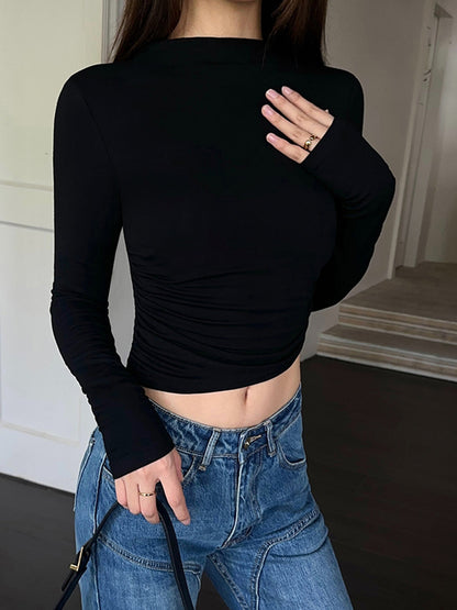 Mock Neck Slinky Long Modern Sleeve Ribbed Knit Crop Shirt